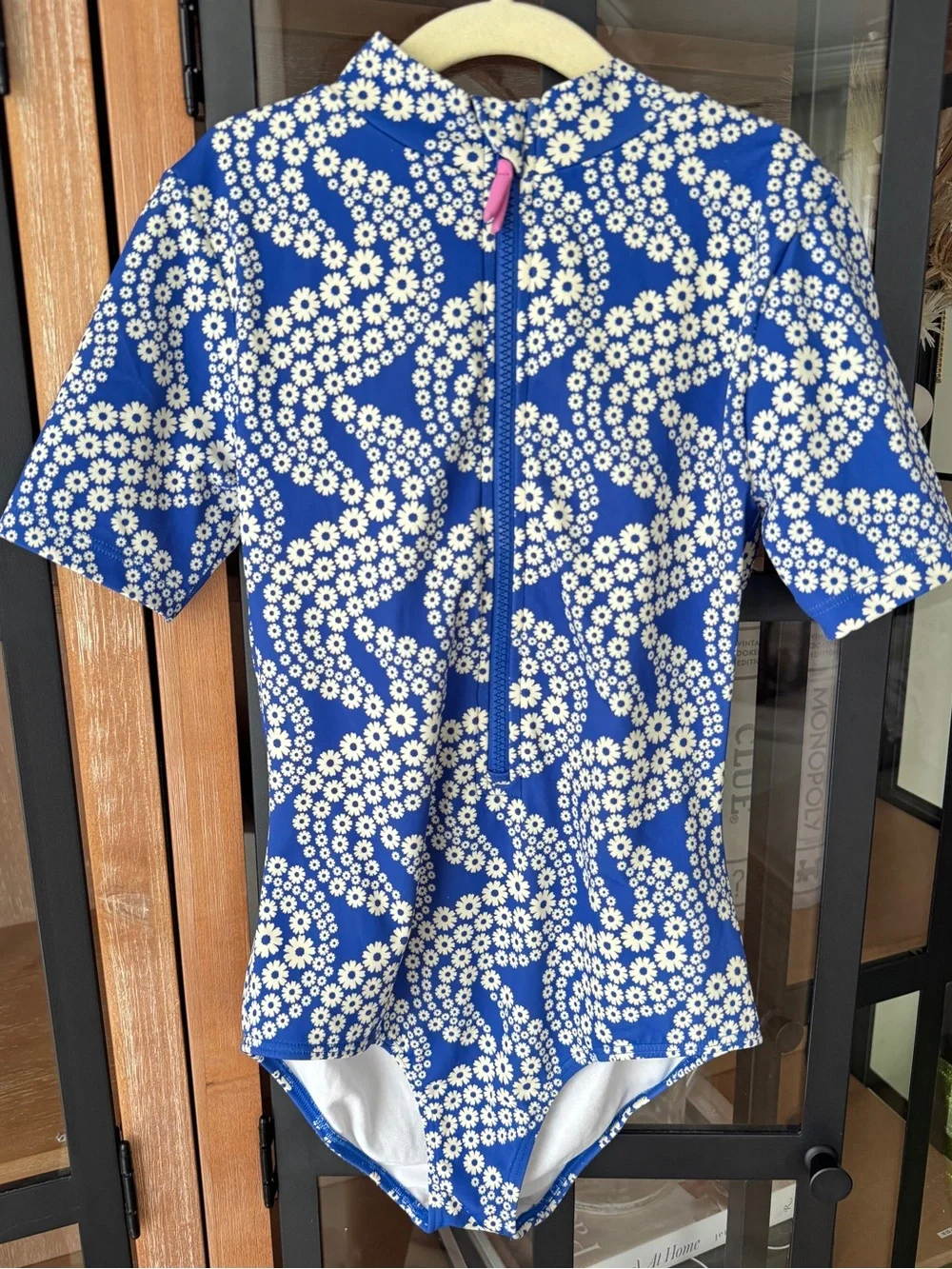 Mini Boden one piece swimsuit rashguard short sleeve zip up daisy wave dazzling